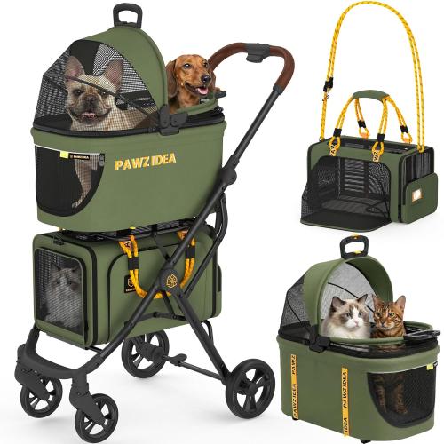 PAWZIDEA Double Pet Stroller with 2 Detachable Carrier for Multiple Pets | Portable Travel Crate & Car Seat Combo & TSA-Approved Expandable Carrier, Foldable Jogger Stroller for 2–4 Cats or Small Dogs
