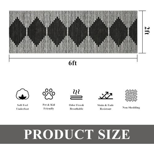 Size 2x6 Color Grey Hallway Runner Rug，2x6 Moroccan Modern Stripe Carpet Washable Machine Bathroom Runner Bohemian Design Modern Soft Non Slip Indoor Rug for Entryway Hallway Laundry Room Bedroom-Black