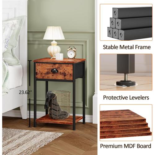 Furologee Nightstands Set of 2, Night Stand with Fabric Drawer and Storage Shelf, Retro Bedside Sofa Tables for Small Place, End Side Tables Living Room Bedroom, Rustic Brown