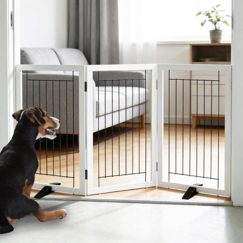 ZJSF Freestanding Dog Gate Indoor, Foldable Dog Fence for Doorways,Hallways or Stairs, Sturdy Wood Extra Wide Pet Gate with Support Feet,White,32 Height-3 Panels