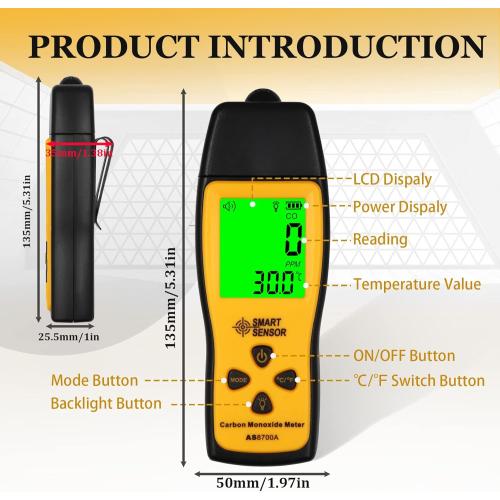Carbon Monoxide Detectors, Portable CO Detector with Temperature Sensor ＆ LCD Backlight Screen, Handheld Carbon Monoxide Meter Tester 0-1000PPM Range, Indoor/Oudoor (Includes Battery x3)