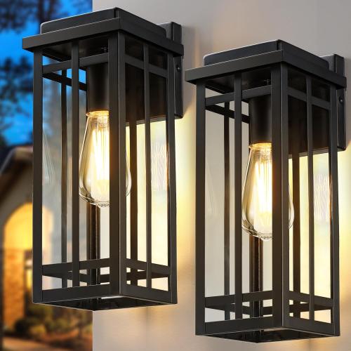 2 Pack Black 13.8'' Outdoor Wall Light Fixtures 2 Packs, Black Porch Lights Outdoor Lighting for House, Exterior Lighting Fixtures Wall Lanterns, Waterproof Modern Outside Sconce Lights for Patio Garage(No Sensor)