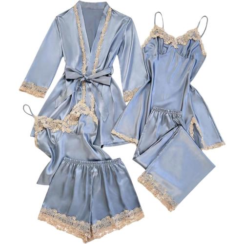 Size S Nordic Women's Satin Sleepwear 5 Piece Silk Pajamas Lace Trim Camisole Shorts Pants Nightgown Nightwear with Robe Set
