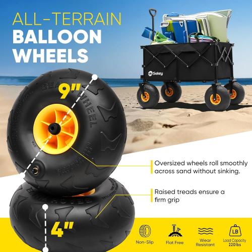 Heavy Duty Beach Wagon with 9 Big Sand-Proof Wheels – 440lb Capacity, Sekey 200L Oversized Foldable Cart | Adjustable Handle & All-Terrain Tires for Sand, Camping, Groceries. Black