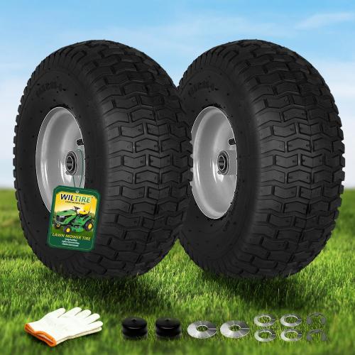 2 PCS 15x6.00-6 Lawn Mower Tires and Wheel, Tire Assembly Replacement for Riding Lawn Mower Front Tires, 3/4 Bearing, 3 Centered Hub, 4 Ply Pneumatic