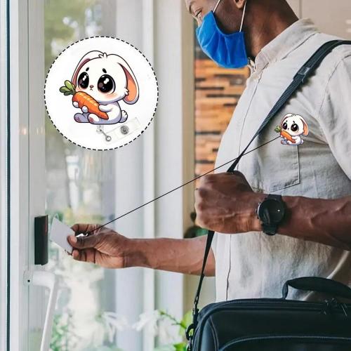 Easter Badge Holder Retractable Happy Bunny Badge Reel with Alligator Clip Funny Rabbit Holding Carrot ID Name Tag Acrylic Badge Reel for Students School Medical Assistant ID Badges Name Tag Card