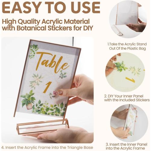 Acrylic Sign Holders 5x7” with 5 Stickers, Double Sided Clear Display Stand, Gold Tabletop Picture Frame, Table Menu Holder Display Stand for Wedding Number (Gold, 5 Pack 5x7 Inch)