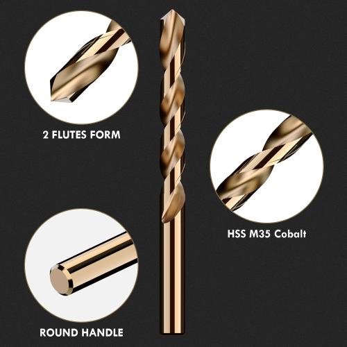Cobalt Drill Bit Set, 13Pcs M35 High Speed Steel Jobber Length Drill Bit Kit for Hardened Metal, Stainless Steel, Cast Iron, Wood and Plastic, with Index Storage Case, 1/16-1/4