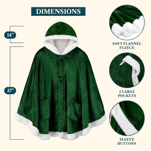 PAVILIA Sherpa Fleece Wearable Blanket for Adult Women, Cozy Plush Blanket Poncho Cape with Hood, Super Soft Shawl, Angel Wrap Throw for Office, Emerald Green
