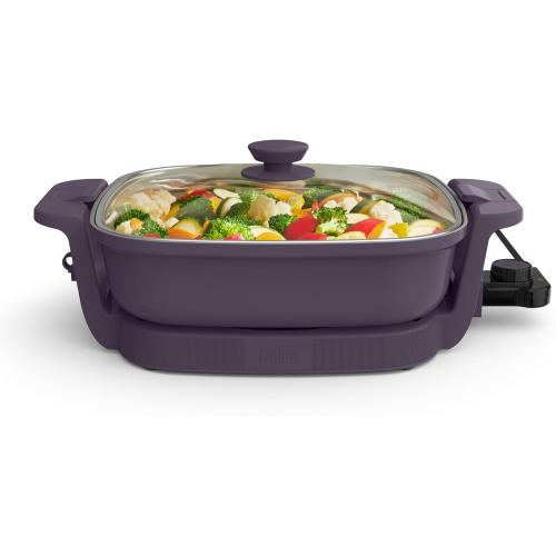 bella Make & Take Electric Skillet, Fits-anywhere™ kitchenware, EverGood™ Ceramic Coating, Adjustable Temperature & Dishwasher-Safe Tempered Glass Lid, Cast Aluminum Base, 1200 Watt, Plum