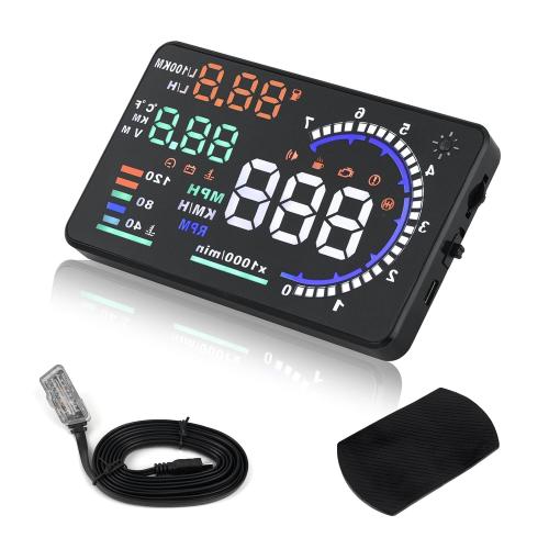 SHELITA Speedometer Heads Up Display Car HUD A8, Speed, RPM/MPH, KM/H, Engine/Water Temperature, Fuel Consumption, Multiple Alarms, etc for All Cars with OBD2 Interface