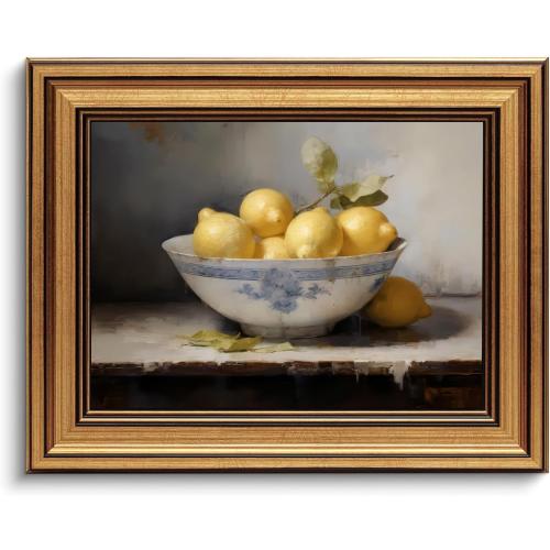Gold Framed Wall Art Vintage Lemons Still Life Canvas Art Farmhouse Fruits Picture Wall Decor Antique Prints Rustic Kitchen Paintings Country Artwork for Bedroom Bathroom Living Room 8x10 Inch