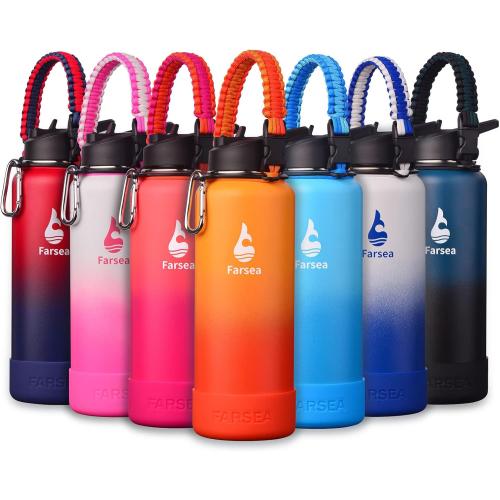 Farsea Insulated Water Bottle With Paracord Handle, Protective Silicone Boot and 2 Lids (Straw Lid & Spout Lid), Stainless Steel Water Bottle Wide Mouth, Double Wall Sweat-Proof BPA-Free, 40 oz