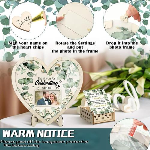 Wooden Wedding Guest Book Alternative with 63 Wood Hearts Chips, Drop Box and Pen Eucalyptus Leaves Theme Heart Picture Frame for Wedding Love Anniversary Ceremony Guestbook (Wood)