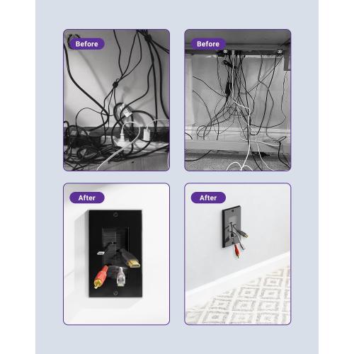 VCE Brush Wall Plate with Bracket, Cable Pass Through Insert Single Gang Decorator Wall Cover for Low Voltage Cables, Cord Hider for Wall Mount TV, Home Theater System, Black (2-Pack)