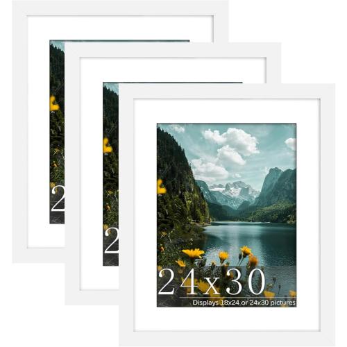 Picrit 24x30 Picture Frame 3 Pack, White Poster Frame, Display Poster 18 x 24 with Mat or 24x30 without Mat for Horizontal or Vertical Wall Mounting