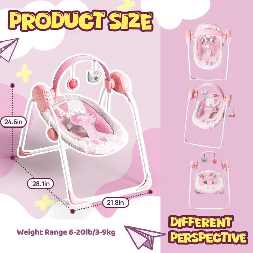 Portable Baby Swing, Pink Electric Infant Swing with 5 Speed Levels, 6 Songs & Timer   Battery-Powered Only (No Batteries Included) Pink and White