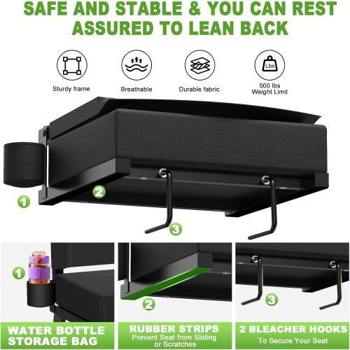 2 Pack, Black Stadium Seats with Back Support, Portable Bleacher Seat for Bleachers Hold up 400lbs, Wide Bleacher Seat with Shoulder Strap & Handle Perfect for Sports Events (Black, 2pcs)