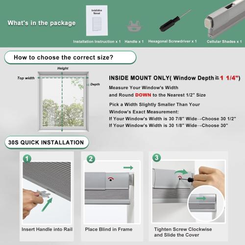 Tonature No Drill Cellular Shades for Indoor Windows, Thermal Insulating & Noise Reducing Honeycomb Blinds, Free Stop Cordless Blackout Shades, Grey, 26 1/2 W x 64 H