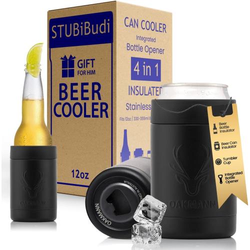 OAKMANN Stainless Steel Beer Cooler With Bottle Opener, Vacuum Insulated Can Cooler 12 oz for Bottles Cans, 4-in-1 Universal Insulator Coozy for Bottles Cans, Best Beer Gifts for Men (Black)