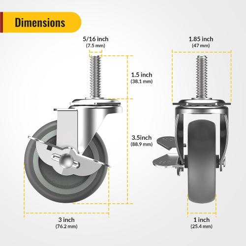 HOLKIE Caster Wheels 3 inch Locking Casters Set of 4, Threaded Stem 5/16 -18 x 1-1/2 (Diameter 5/16, Length 1-1/2) Swivel Heavy Duty Castors Gray
