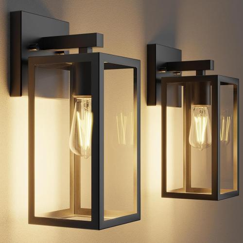 Kalium Porch Lights Outdoor Wall Light Fixture 2pcs, Matte Black, Wall Sconce 12.4 in, Toughened Frame, Clear Glass Shade, Waterproof Lanterns, for Patio, Exterior, Front, Door, Entryway