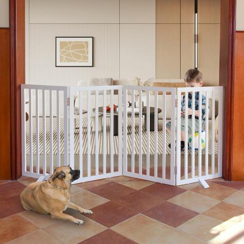Dog Gate Indoor, Freestanding Dog Fence for The House, Doorways, Hallways,or Stairs,Pet Gate Foldable Wooden,Expandable 32 Height 4 Panels,White