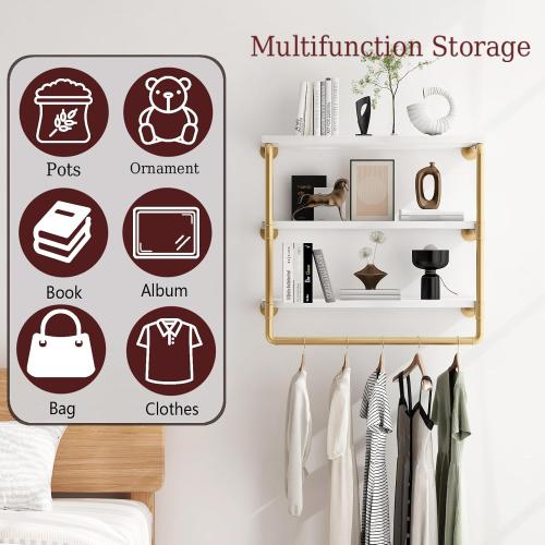 HOMEKAYT 24 Industrial Pipe Shelving, Floating Wall Shelves 3 Tier Gold Shelves with Haning Rod Multiple Use for Kitchen, Bedroom,Living Room,Bathroom