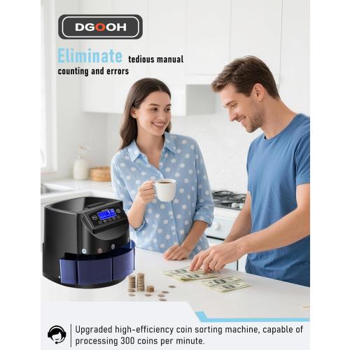 Coin Counter and USD Coin Sorter with LCD Display, 300-Coin Capacity, Automatic Change Counter for 1￠ 5￠ 10￠ 25￠ $1, 270 Coins/min,Coin Sorter and Wrapper Machine for Fast & Accurate Sorting