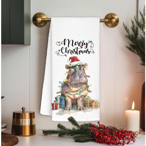 Christmas Hippo Kitchen Hand Towels,Christmas Decorations Tea Towels Dish Rags,Gifts for Women Hippo Lovers,Xmas Kitchen Bathroom Decor,16x24 Inch