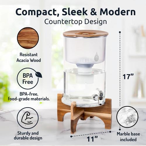 CLEAR AND WOODEN Invigorated Water pH Recharge Alkaline Water Filter Dispenser – BPA-Free Glass Countertop Water Filter Pitcher Purifier for Home & Office, 36-Cup Capacity, 360L Long Filter Life (Acacia/Marble)