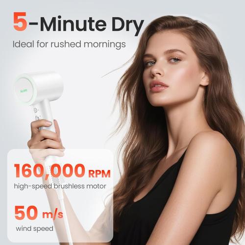 Hair Dryer, 160,000 RPM High-Speed Ionic Blow Dryer for Fast Drying, Professional Lightweight Hairdryer with Diffuser, Magnetic Nozzle, 4 Temps & 2 Speeds, Low Noise for Travel - White