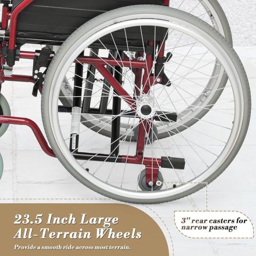 Athena Collection Wheelchair for Adult, Foldable Transport Wheelchair with 17 Width Seat 23.5 Rear Wheel, Wheel Chair with Flit-Back Armrest Swing-Away Footrest and Brake, Support 300 Lbs, Red