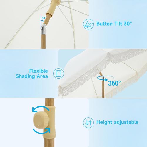 7FT Boho Patio Umberlla with Fringe,UPF50  Outdoor Umbrella with Fiberglass Ribs and Push Button Tilt,Tassels Umbrella for Beach,Terrace,Picnic