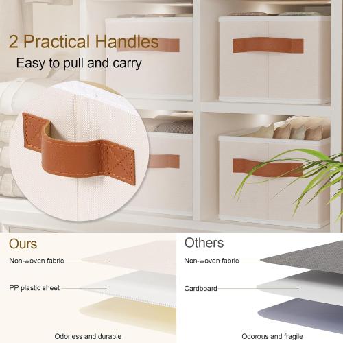 Storage Bins, Fabric Foldable Baskets for Shelves, Collapsible Storage Box Containers with Double Handles, Beige, 15 x 6 x 5 Inch, 3-Pack