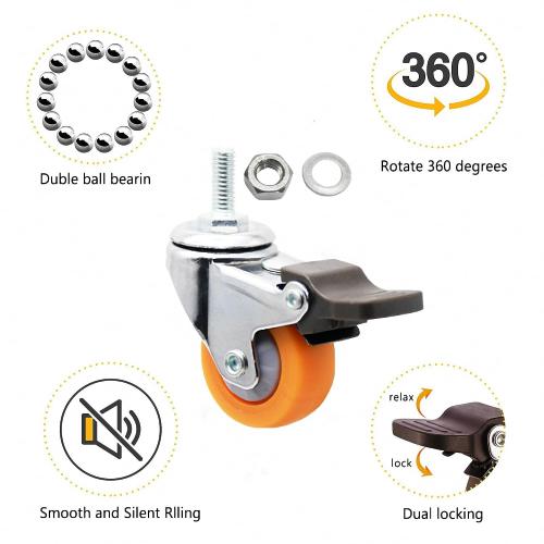 1 M6x15 Stem Casters Bolt Threaded Wheels,TPR Mute Rubber Swivel Single Caster Screws in Wheel Small with 2 Brake Locks-Orange