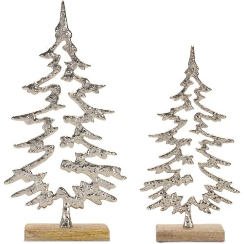 Melrose Wood and Aluminum Christmas Tree on Base, Set of 2, Silver, Holiday Season Decoration