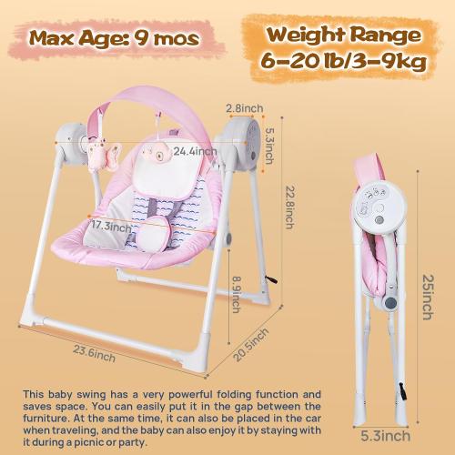 Baby Swing SpaceSaver Ultra-Compact Foldable Infant Swing (Fits in 5.3 Gaps!) 6 Speed Modes | Portable Newborn Swing for Travel/Car/Picnic (0-9M, 6-20lbs)