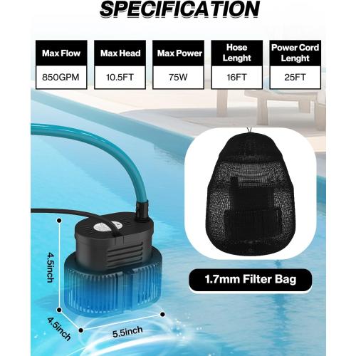 AgiiMan 850GPH Pool Cover Pump, Submersible Sump Pump above Ground | 16FT Drain Hose, 25FT Power Cord, 3 Adapters, Compact Design, Fast Water Removal for Pool Covers and Above Ground Pools