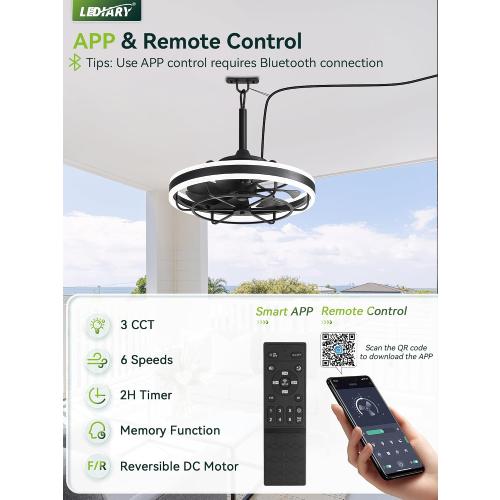 LEDIARY 20 Outdoor Ceiling Fans with Light, IP65 Waterproof Gazebo Fan with Hanging Hook, App Control for 3CCT Dimmable, Caged Plug in Ceiling Fan with Hanging Hook for Patio, Porch, Pergola