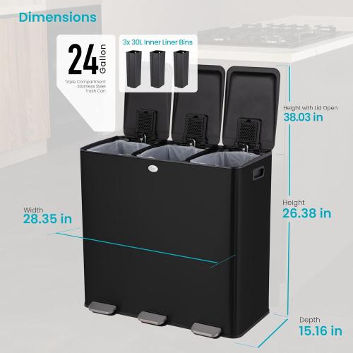 Home Zone Living 24 Gallon Kitchen Trash Can with Three Removable Compartments for Recycling and Trash, Stainless Steel, Black, 8 Gallons Each