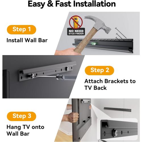 Studless TV Wall Mount for 32-75 inch TVs, No Stud Drywall TV Mount Holds up to 150 lbs, Low Profile, No Drill, Easy to Install for Bedroom Living Room, Bubble Level Included
