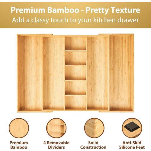 Umilife Extra Large Expandable Kitchen Drawer Organizer for Utensil and Junk, 19 Deep for Big Drawer, 17 to 28 Adjustable Bamboo Wood Drawer Divider, Cutlery Tray, Flatware Holder