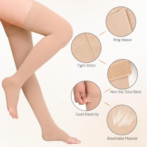 Tan Size 2XL Thigh High 20-30 mmHg Compression Stocking, Open Toe Compression Socks for women & men circulation with Silicone Dot Band-Ideal for Athletic, Medical, Travel Use