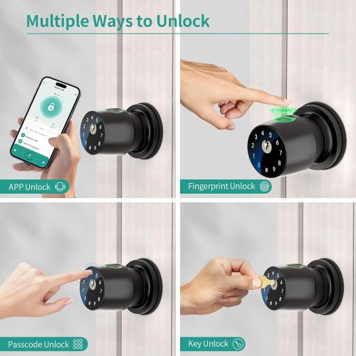 IRONZON Fingerprint Door Knob for Bedroom - 291Y 4-in-1 Keyless Bedroom Door Knob Smart Lock with App, One-tap Privacy Mode Setup, Auto-Lock Easy to Install - Matte Black