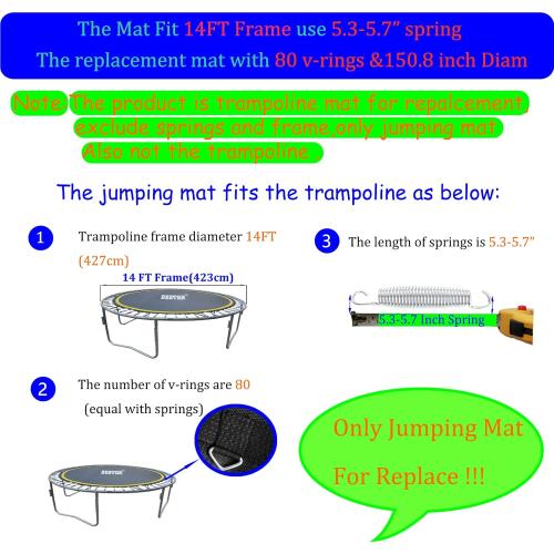 Trampoline Replacement Mat,Mat Diameter:11.97-12.56FT,Fits 14ft Trampoline Frame,with 72 80 84 88 96 Rings for Choose,Fits 5.3-8.5 Inch Springs(Need to Choose),Spring and Frame not Include.