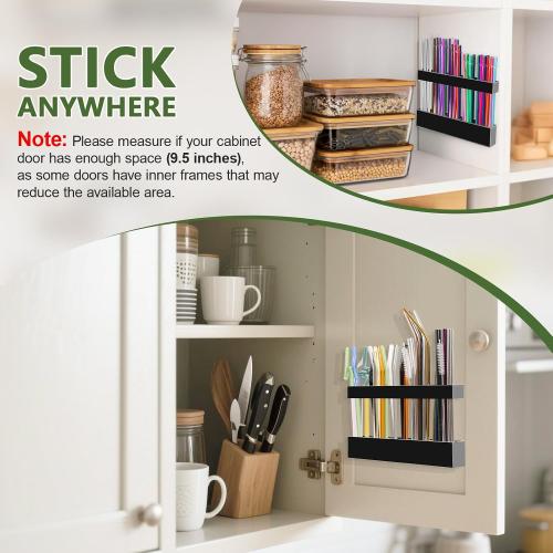 Malldii 9.5 Large Acrylic Straw Holder for Cabinet Door - Reusable Tumbler Straw Organizer Storage, Small Kitchen Accessories Container, Ultra Sticky Cupboard Door Mounted (Black)