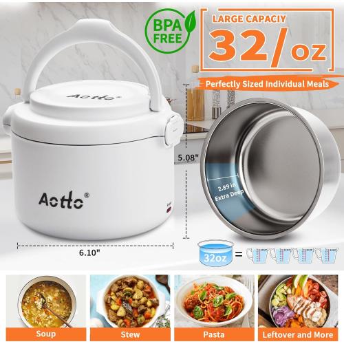 Aotto Electric Lunch Box, 32 oz Portable Food Warmer Heater, Lunch Warmer Portable for Work/Office/Car/Travel 12V/24V/110V 3-in-1, Warming Soup & Meal, Spill-Free, Men & Women's Gifts, White