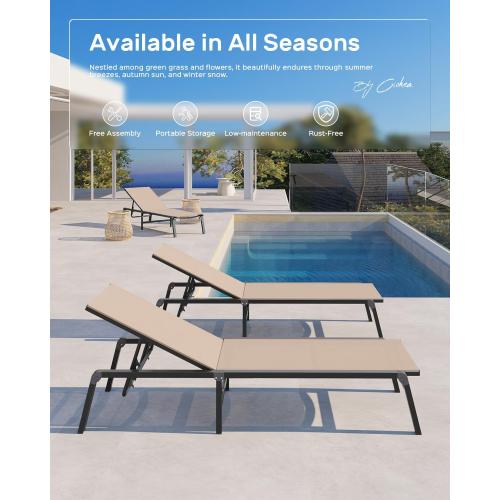 Aluminum Chaise Lounge Ourdoor - Foldable & Assemble Free Outdoor Lounge Chair with 5 Adjustable Backrest, Patio Lounge Chair for Outside Poolside Beach Pool, Khaki