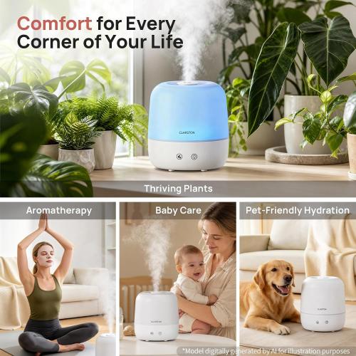 Clarston Humidifiers for Bedroom, 2L Cool Mist Humidifier, 24dB Quiet Sleep
